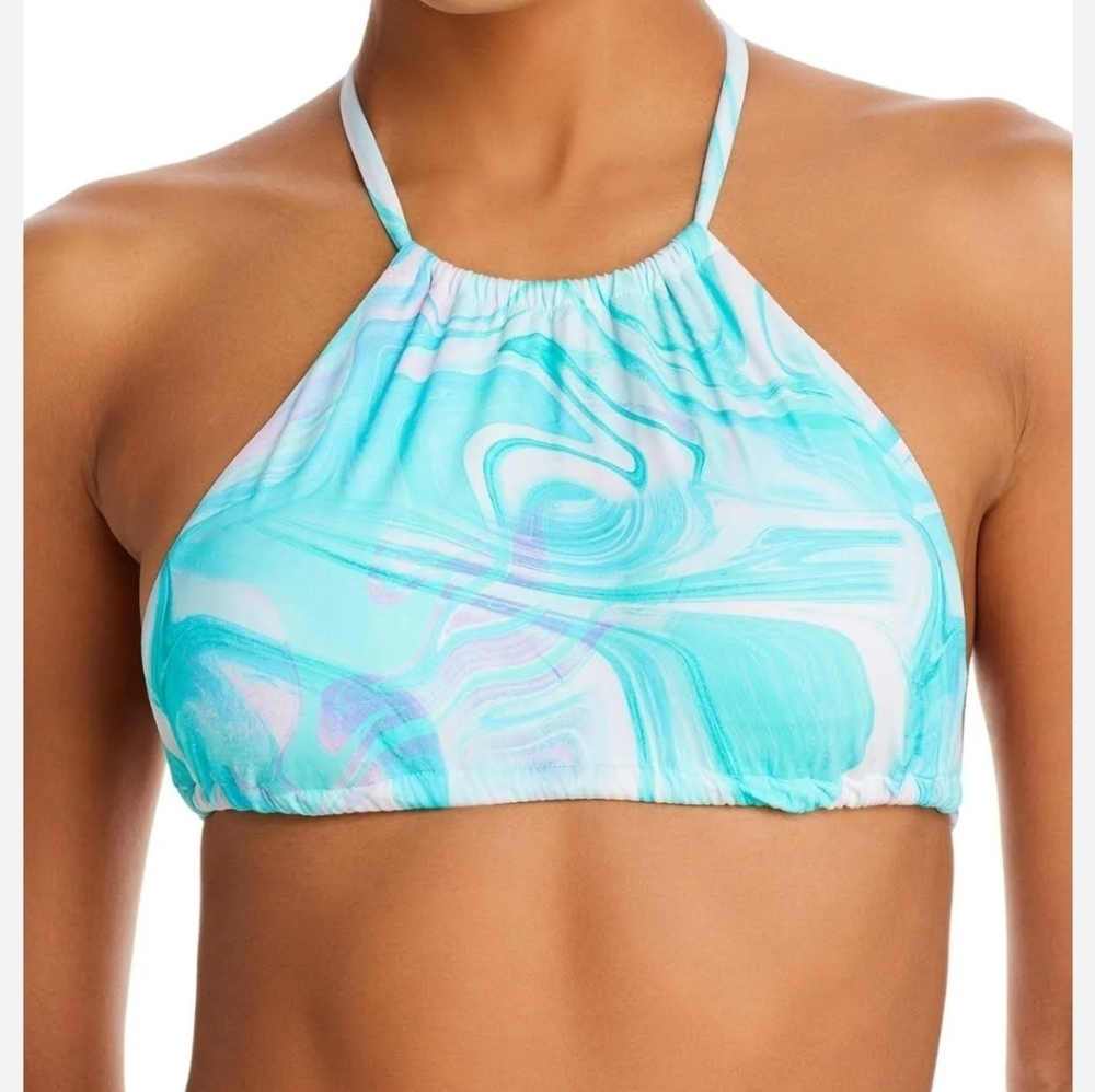 Aqua Women's Swirl Print High Neck Halter Bikini Top Turquoise Multi…